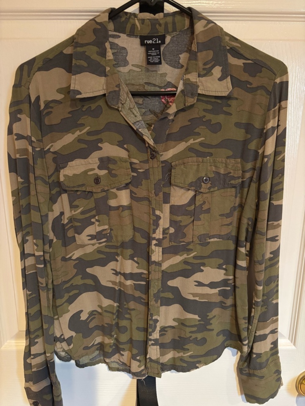 Rue21 Green and Brown Camo Shirt with Floral Embroidery